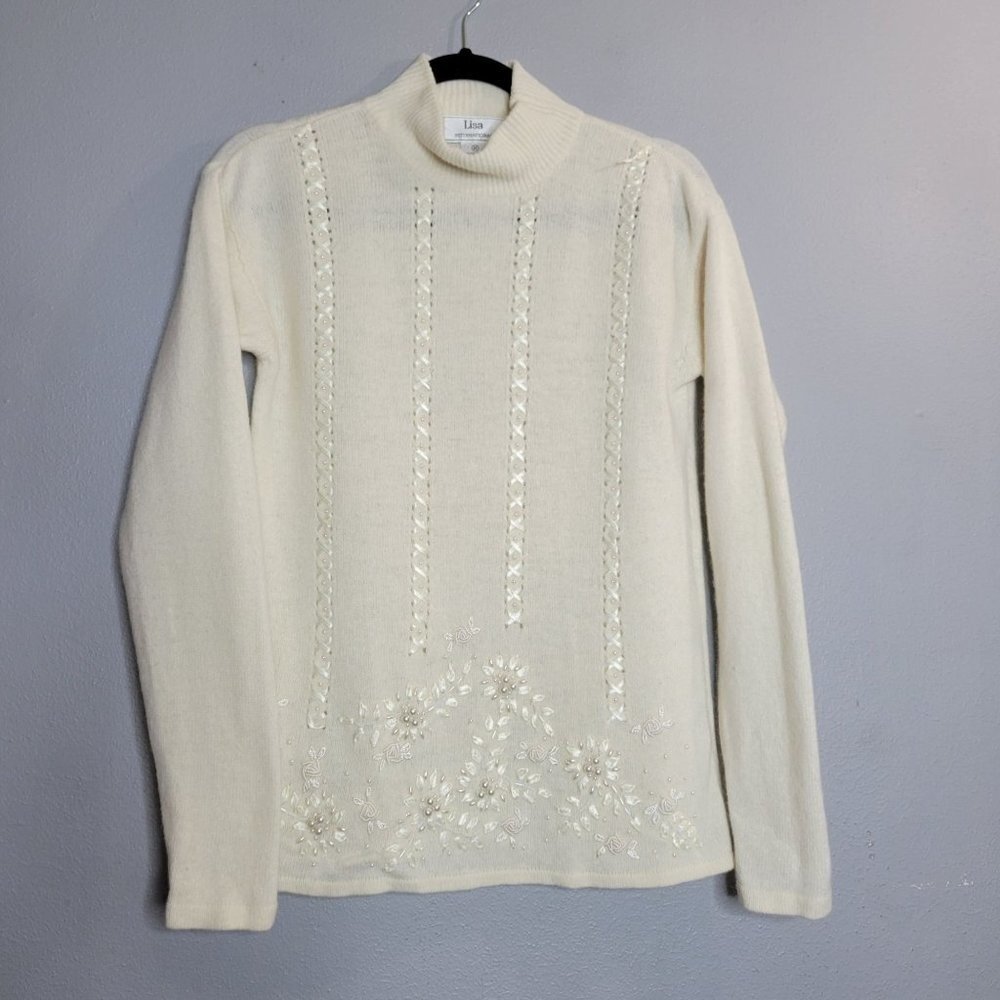 Vintage‎ Lisa International Lambswool Agora Rabbit Hair Sweater Ivory White M